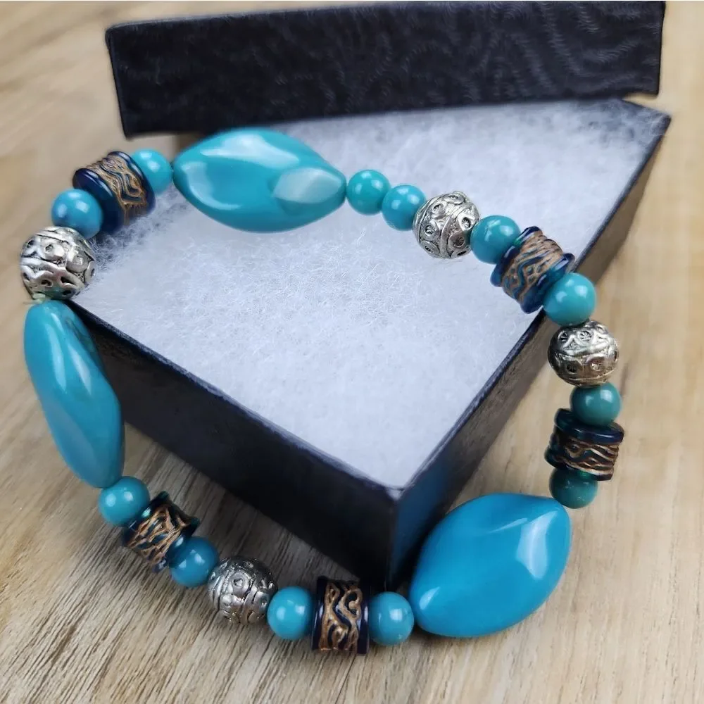 🔺️Turquoise Stone & Antique Silver Plated Beads Stretchy Bracelet
